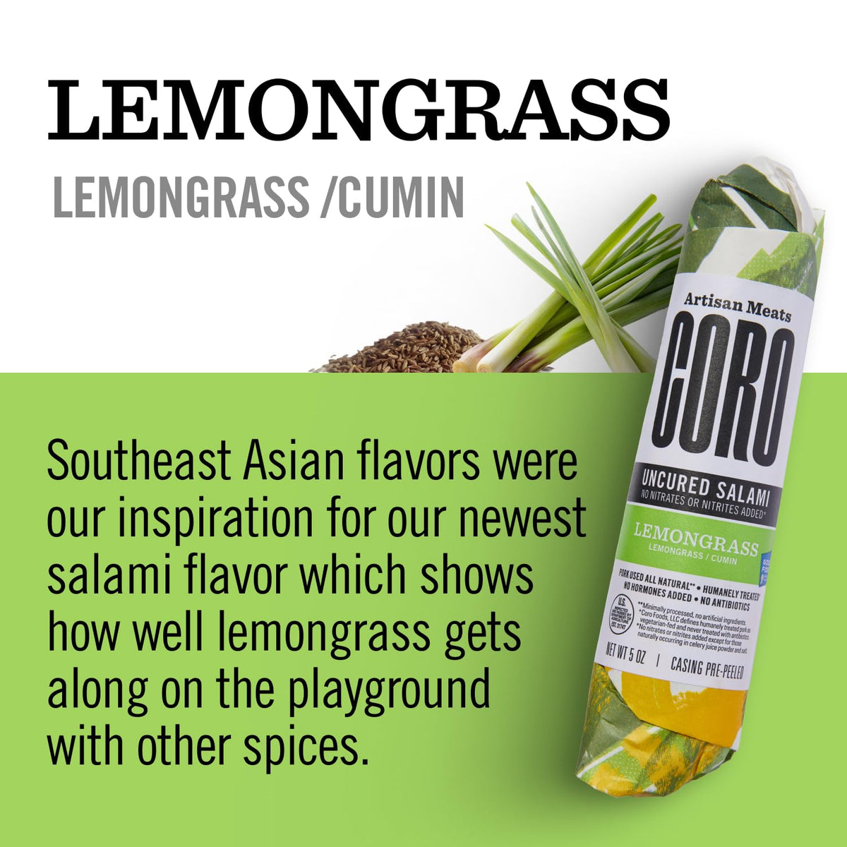 Coro Uncured Lemongrass Salami Stick - 5oz | Lemongrass & Warm Cumin