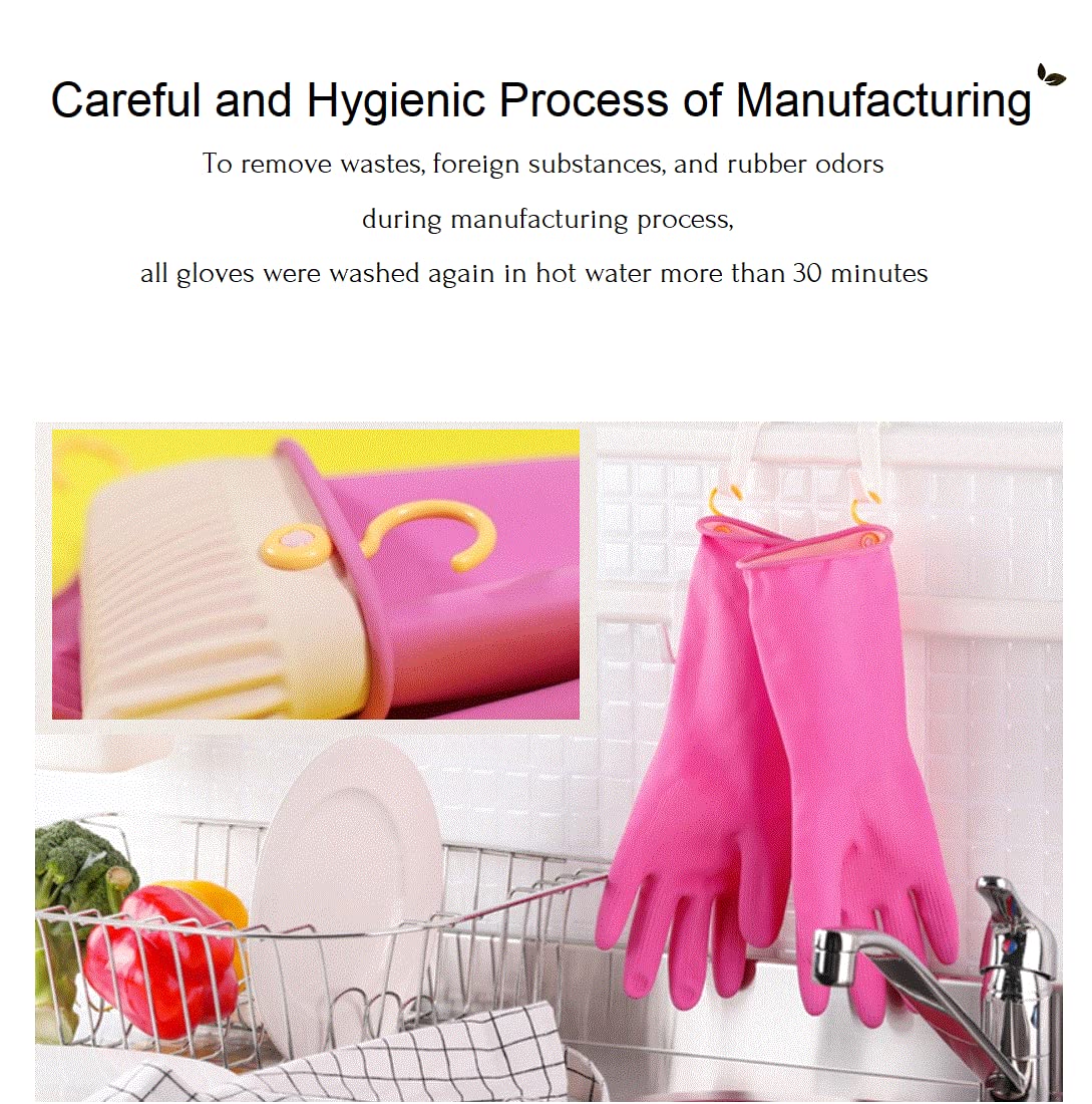 Myungjin Reusable Waterproof Non-Slip Dishwashing Household Cleaning Rubber Gloves with Hang-Dry Hook (4 Pairs/Medium)