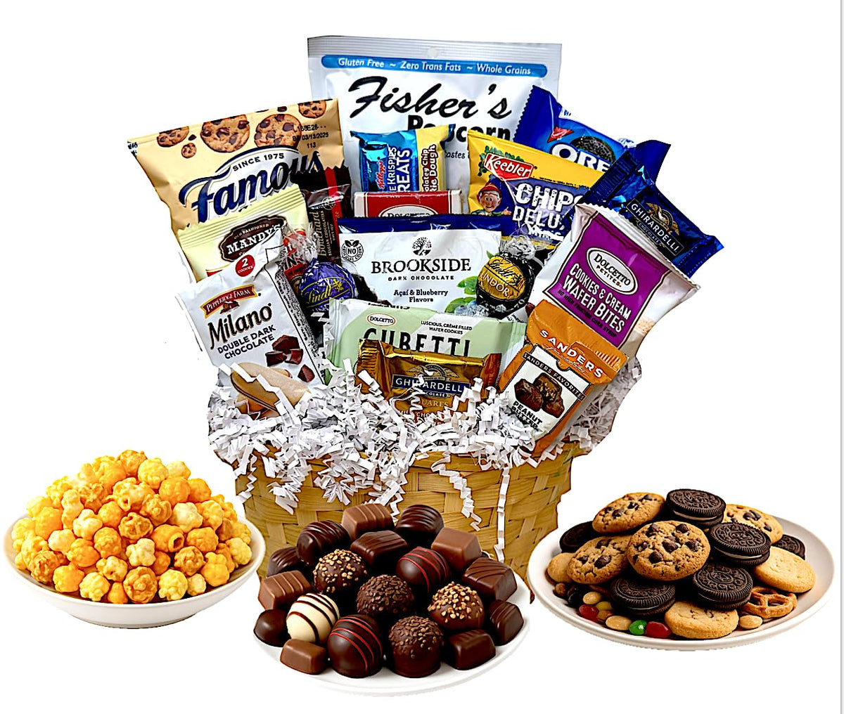 Customizable Gift Basket stuffed with chocolates cookies snacks and candies by MISTERGIFTBASKET.COM Hand-crafted for women men client sympathy
