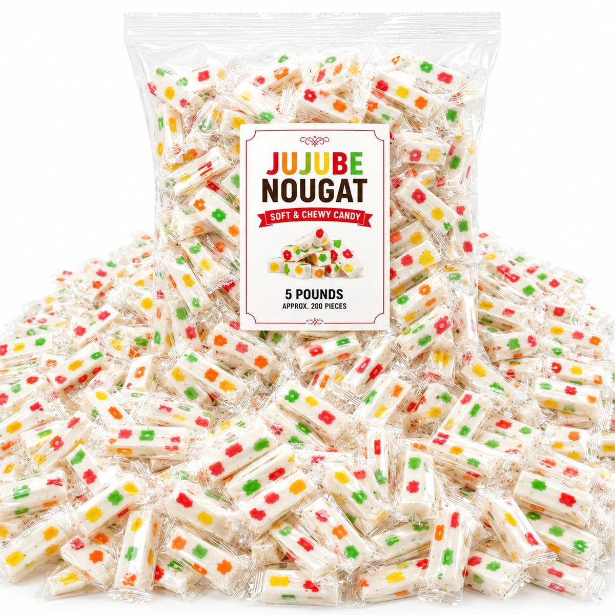 Jujube Fruit Nougat Candy - Individually Wrapped Chewy Candy Bars - Old Fashioned Bulk Candy - 5 lb (Approx. 200 pieces)
