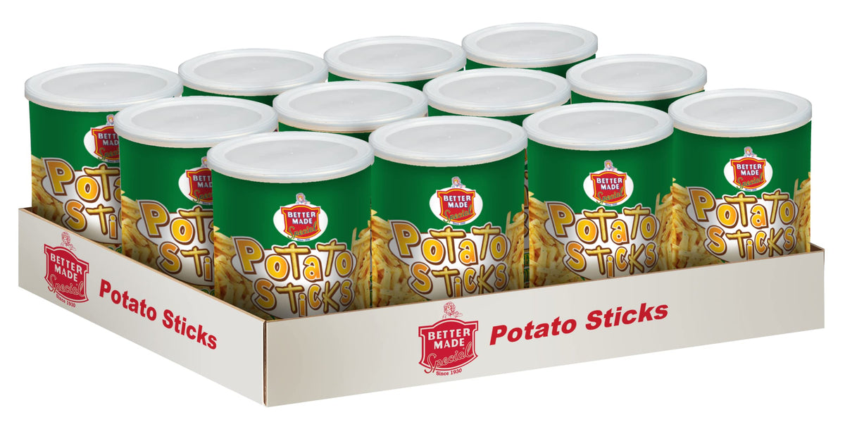Better Made Potato Sticks 5oz Canister- (Sour Cream & Onion, 12 Can Tray) - Shoestring Potato Sticks - Gluten Free - Crunchy, Crispy Snack from Fresh