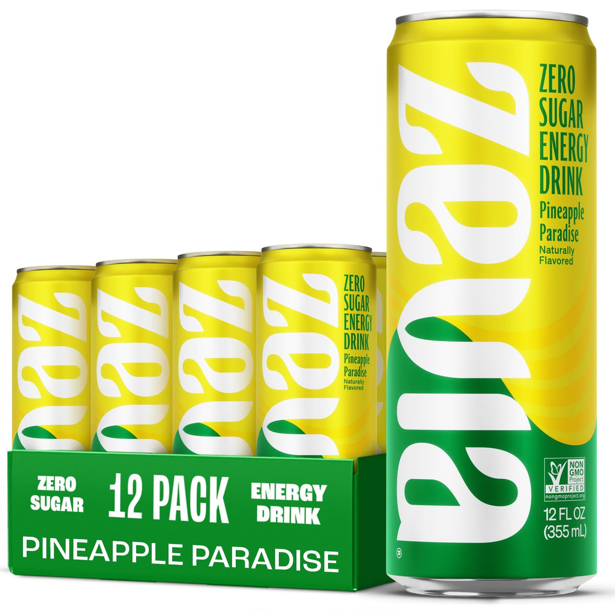 Zevia Zero Sugar Energy Drink, Pineapple Paradise, 12 oz Cans (12-Pack) - Naturally Sweetened, Non-GMO Project Verified, Gluten-Free, Vegan
