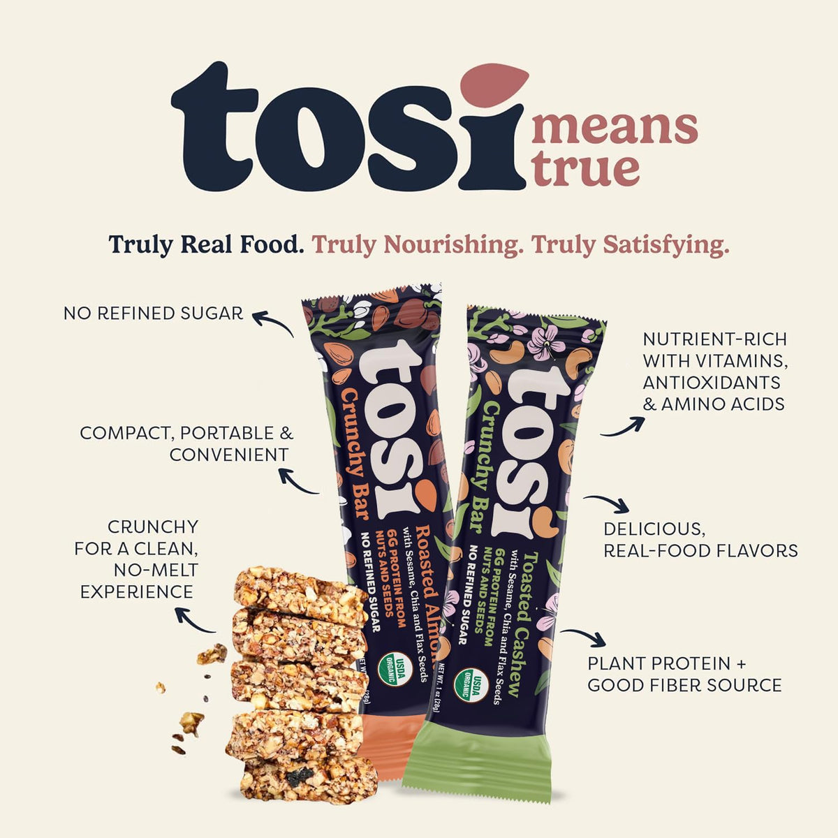 Tosi Almond and Cashew Protein Bars Combo, Plant Based with Nuts, Gluten-Free Crunchy Snacks, Vegan, Organic, Flax & Chia Seeds, Soy-Free, Omega 3s