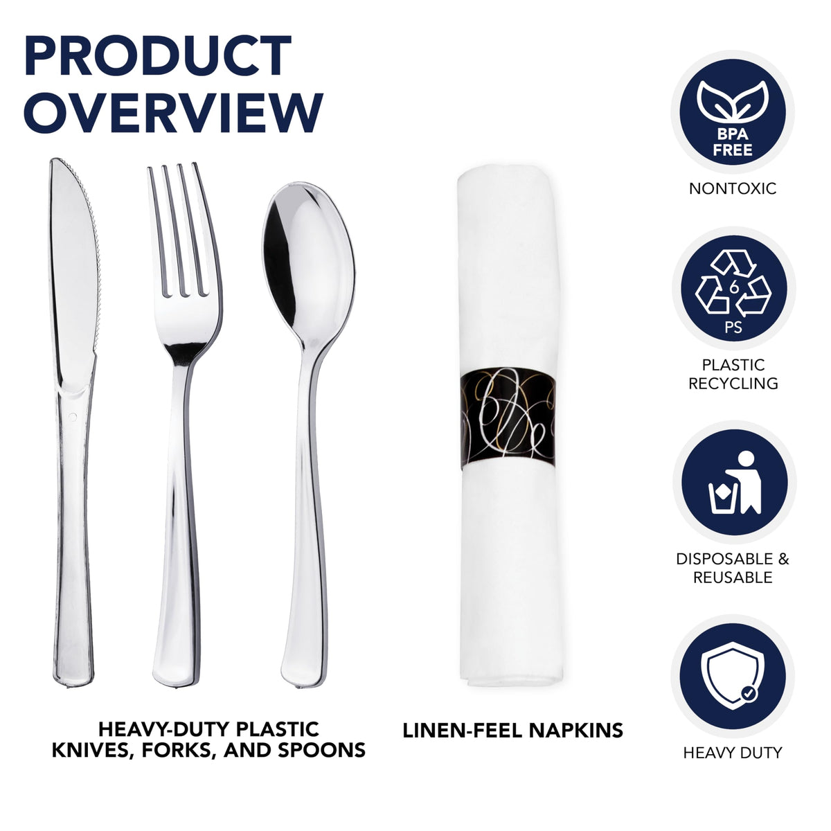 Party Essentials Party Supplies Wrapped Silverware Set Disposable, Pre Rolled Napkin and Cutlery, Spoons/Forks/Knives Silver, 25 Units