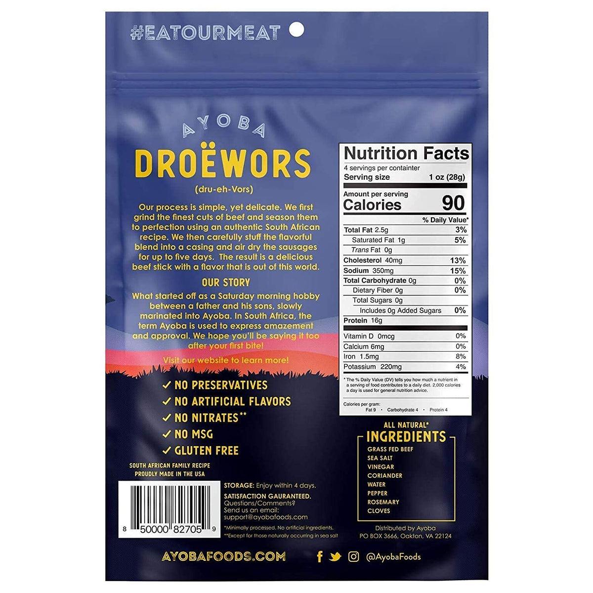 Ayoba Traditional Droewors Grass Fed Beef Paleo Sticks (2 Ounce, Pack of 1) - Keto Friendly, Air-Dried Beef Protein Snacks - Low Carb, Gluten Free