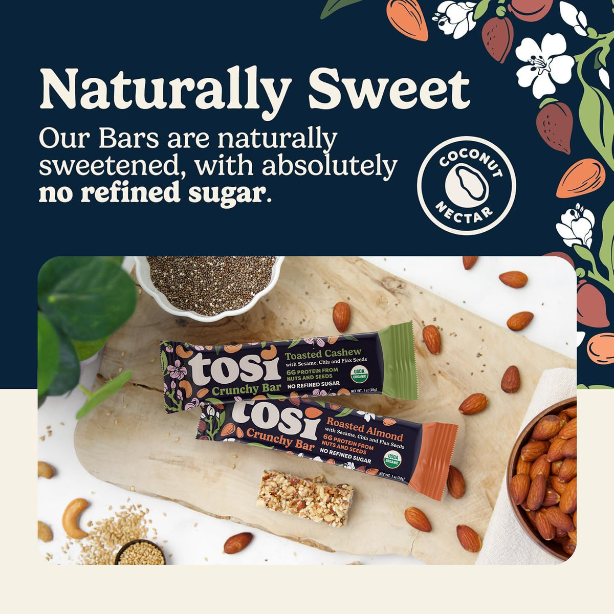 Tosi Almond and Cashew Protein Bars Combo, Plant Based with Nuts, Gluten-Free Crunchy Snacks, Vegan, Organic, Flax & Chia Seeds, Soy-Free, Omega 3s