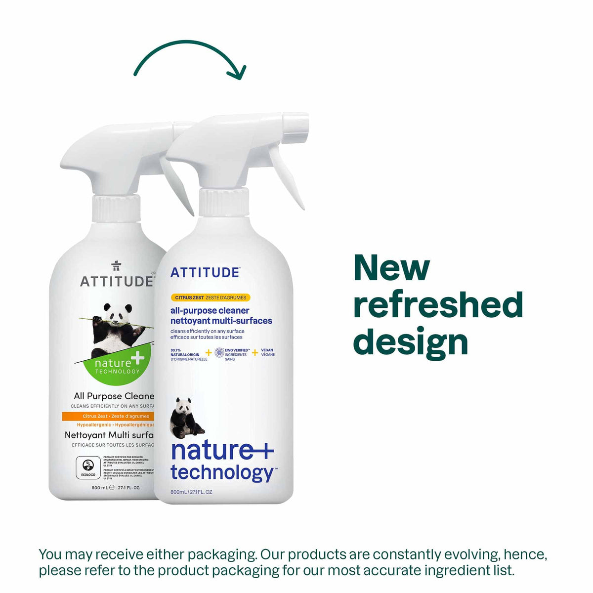ATTITUDE All Purpose Cleaner Spray, EWG Verified, Vegan, Made with 94% Plant-Based Ingredients, Streak-Free for Kitchen, Bathroom, Glass & More
