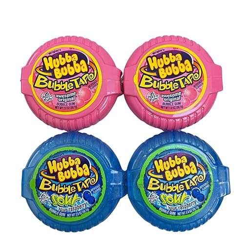 Hubba Bubba Original Bubble Tape and Sour Blue Raspberry Bundle | 6 Feet of Gum Each 2 Flavor Pack 4 Total Ounce (Pack 4)