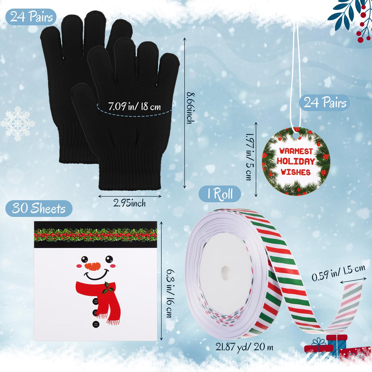 Cuffbow 24 Sets Winter Gloves Chocolate Bar Wrapper Hang Tags Ribbon Snowman Candy Bar Wrapper Kit Snowman Gift Warm Gloves Bulk Candy Wrappers