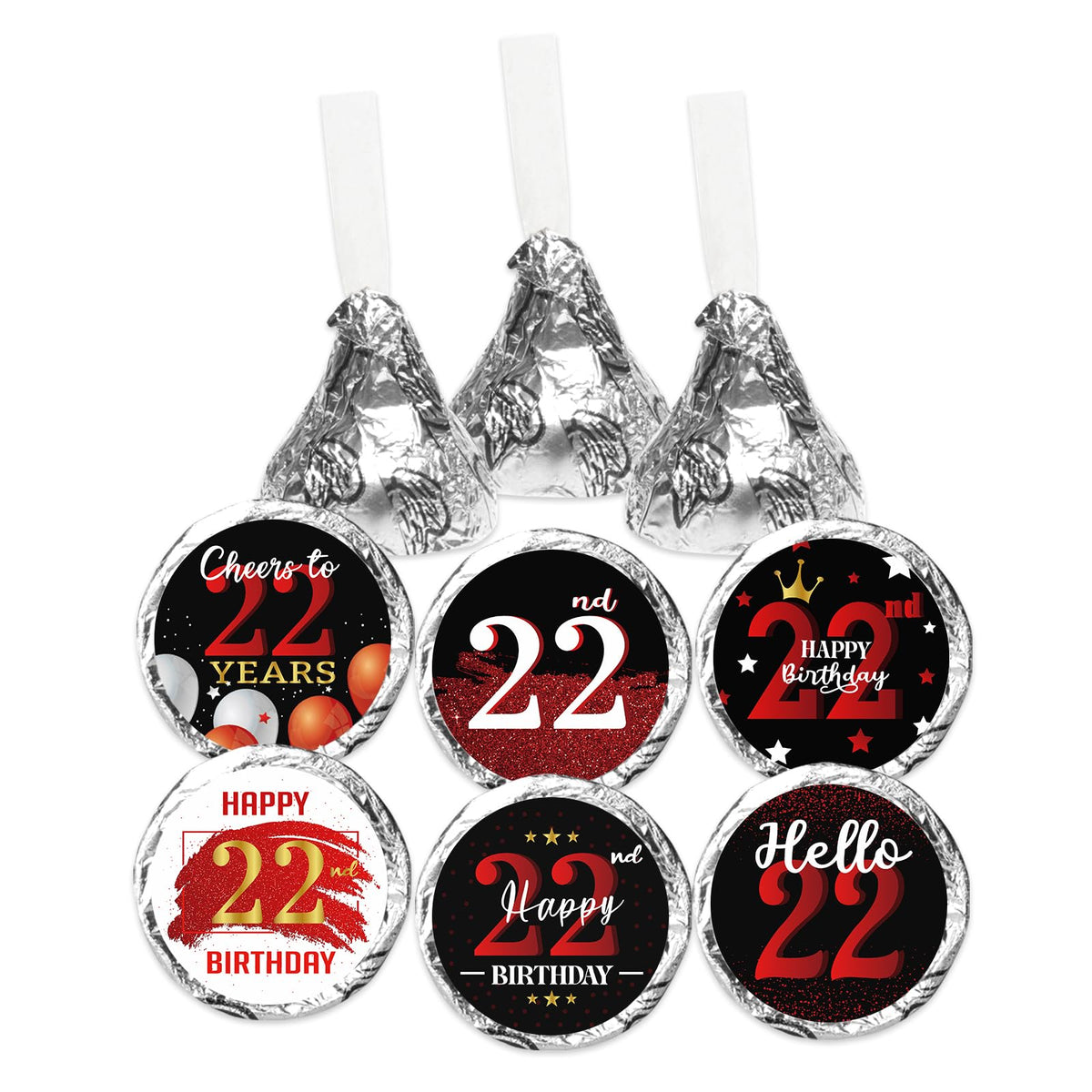 Happy 22nd Birthday Party Favor Labels Chocolate Candy Stickers - Twenty Two Years Old Birthday Round Candy Sticker Party Favors - Black and Red - 150