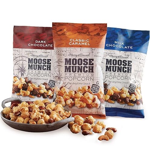 Moose Munch Premium Popcorn Trio By Harry & David, Classic Caramel, Milk And Dark Chocolate (3-Pack), Popcorn Gift Basket, Variety Pack, Movie Night