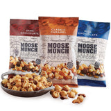 Moose Munch Premium Popcorn Trio By Harry & David, Classic Caramel, Milk And Dark Chocolate (3-Pack), Popcorn Gift Basket, Variety Pack, Movie Night