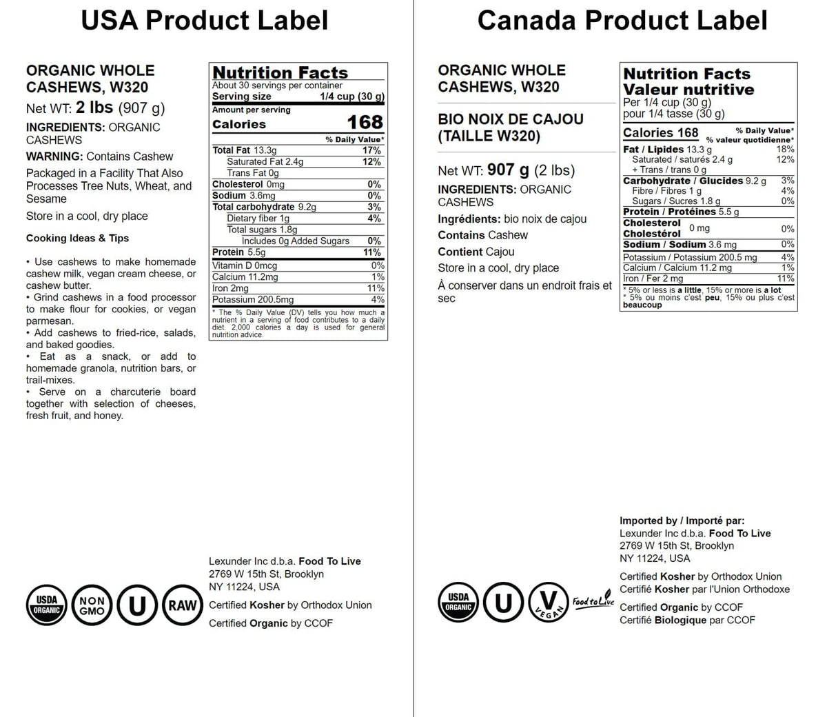 Food to Live - Organic Cashews, 2 Pounds Whole, Unsalted, Non-GMO, Kosher, Raw, Vegan, Bulk