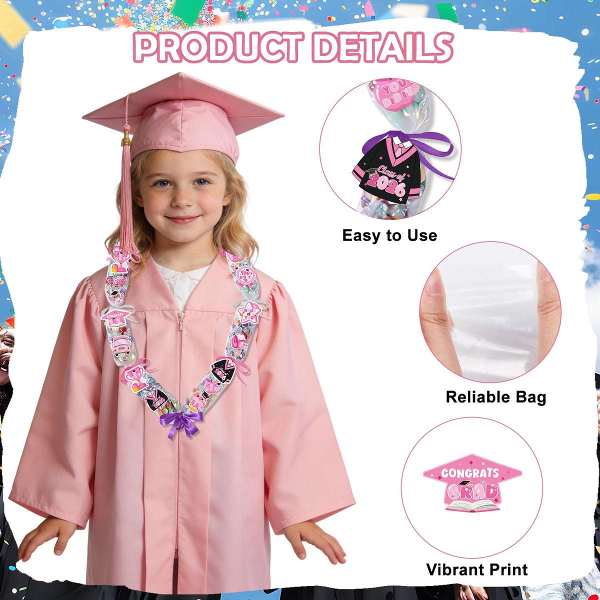 Silkovahamd Graduation Candy Leis 2026 - Graduation Candy Lei Making Kit Class of 2026, 12 Candy Tubing Clear 60 Pink Paper Cards 12 Stickers 3 Ribbon