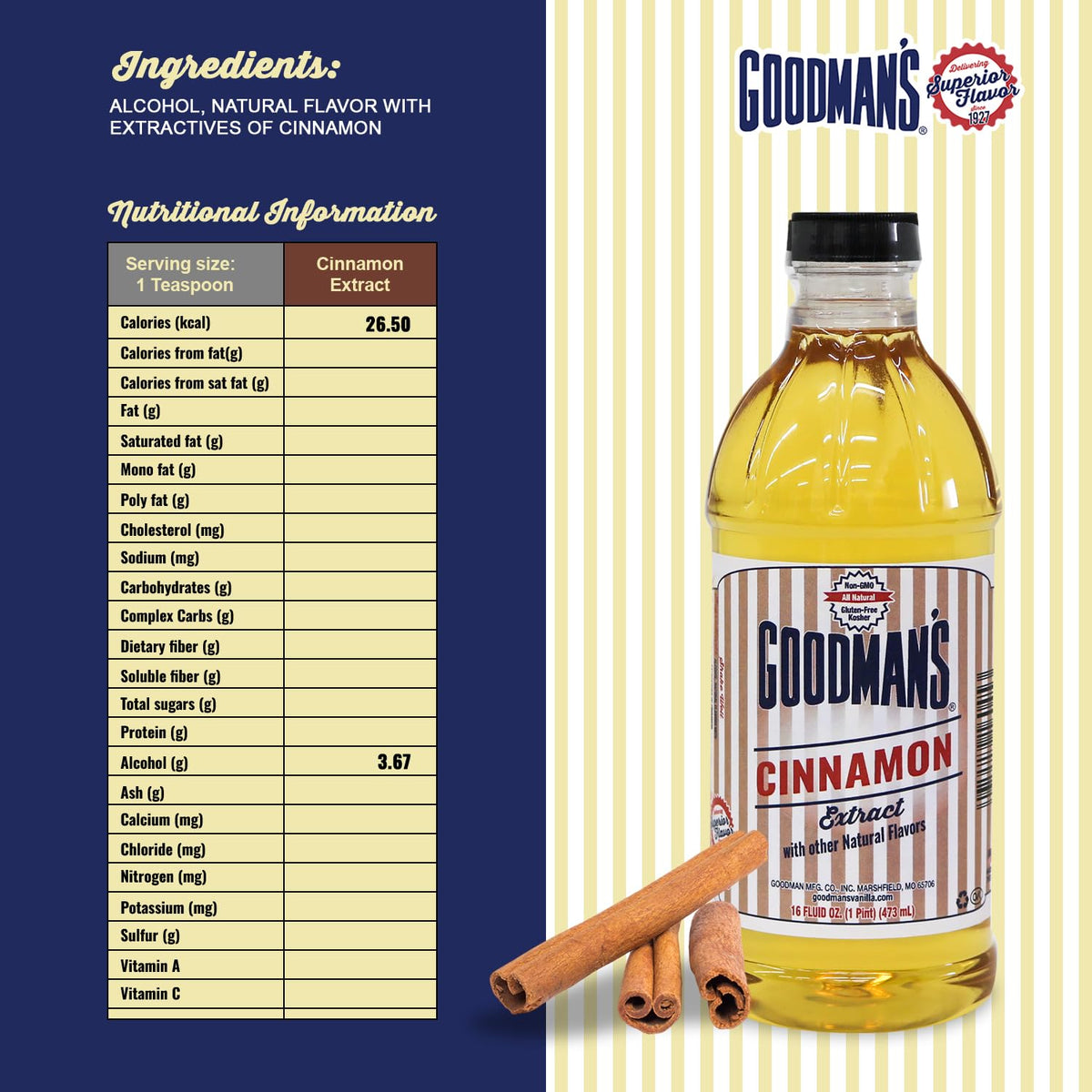 Goodman's Cinnamon Extract - Gluten-Free, Non-GMO, Kosher, Low Carb & Calorie, No Artificial Color - Rich Spicy Aroma for Baking & More - 1 Pint
