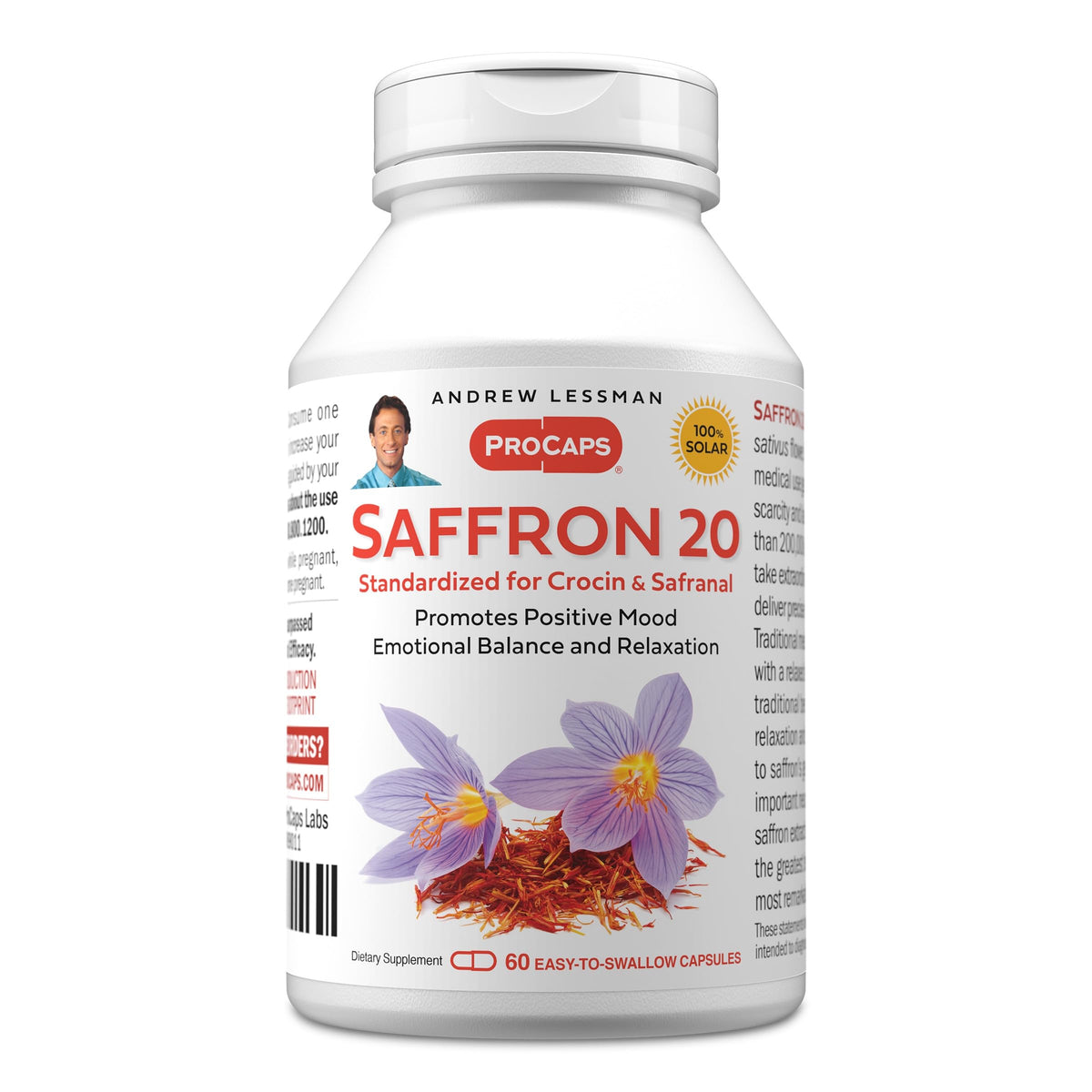 ANDREW LESSMAN Saffron 20mg - 60 Capsules - Standardized Extract. Promotes Positive Mood and Emotional Balance. Relaxation and Quality Sleep. No