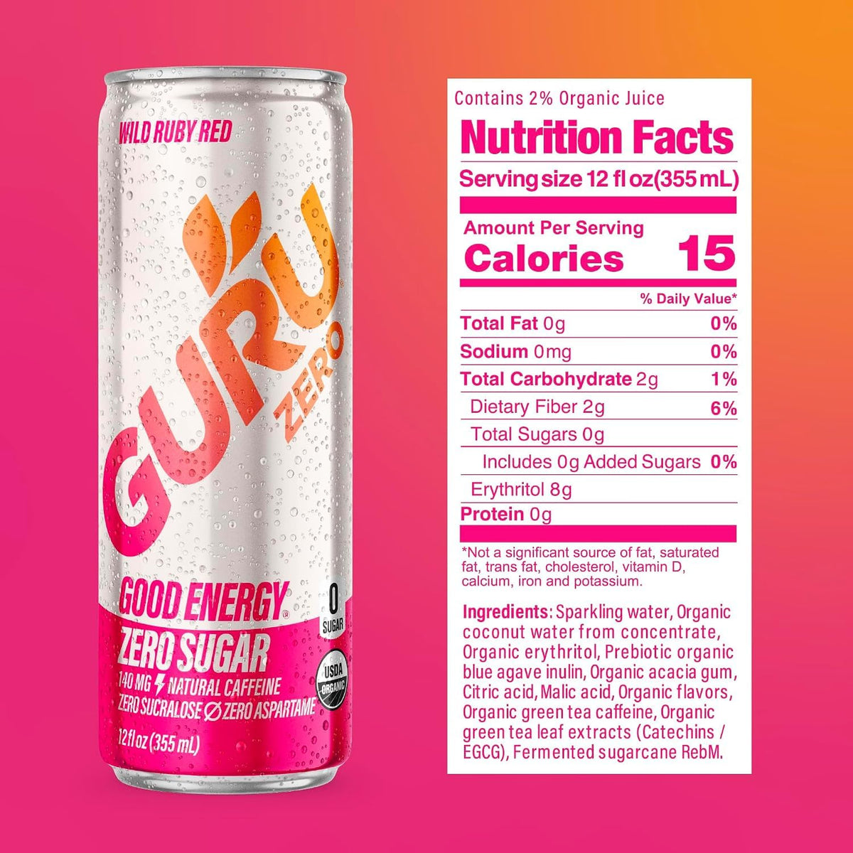GURU Zero Sugar Energy Drink, Ruby Red, 12 Fl Oz, 12 Pack