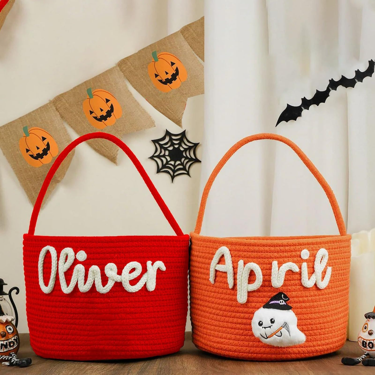 Personalized Halloween Basket for Kids Custom Trick or Treat Bags with Name Customized Woven Candy Bag with Handle Halloween Pumpkin Bucket Ghost