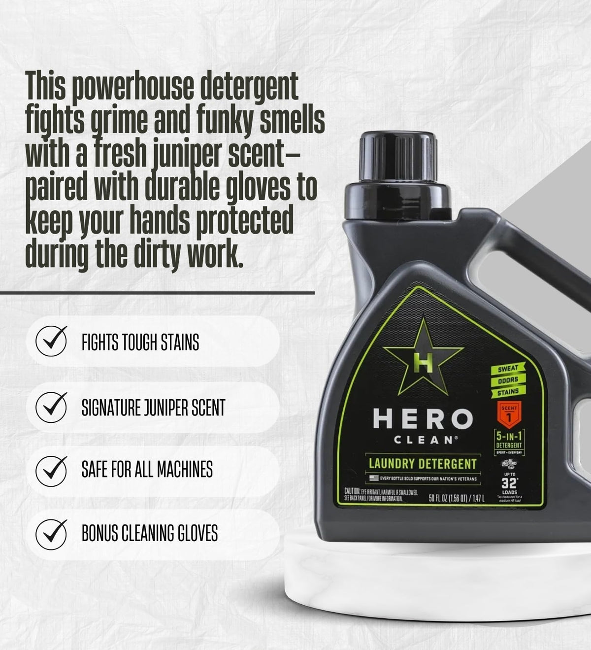 Hero Clean Juniper Scent Laundry Detergent Liquid 50 oz Bundle with Cleaning Gloves - All Natural Laundry Detergent for Everyday Use and Fabric Care