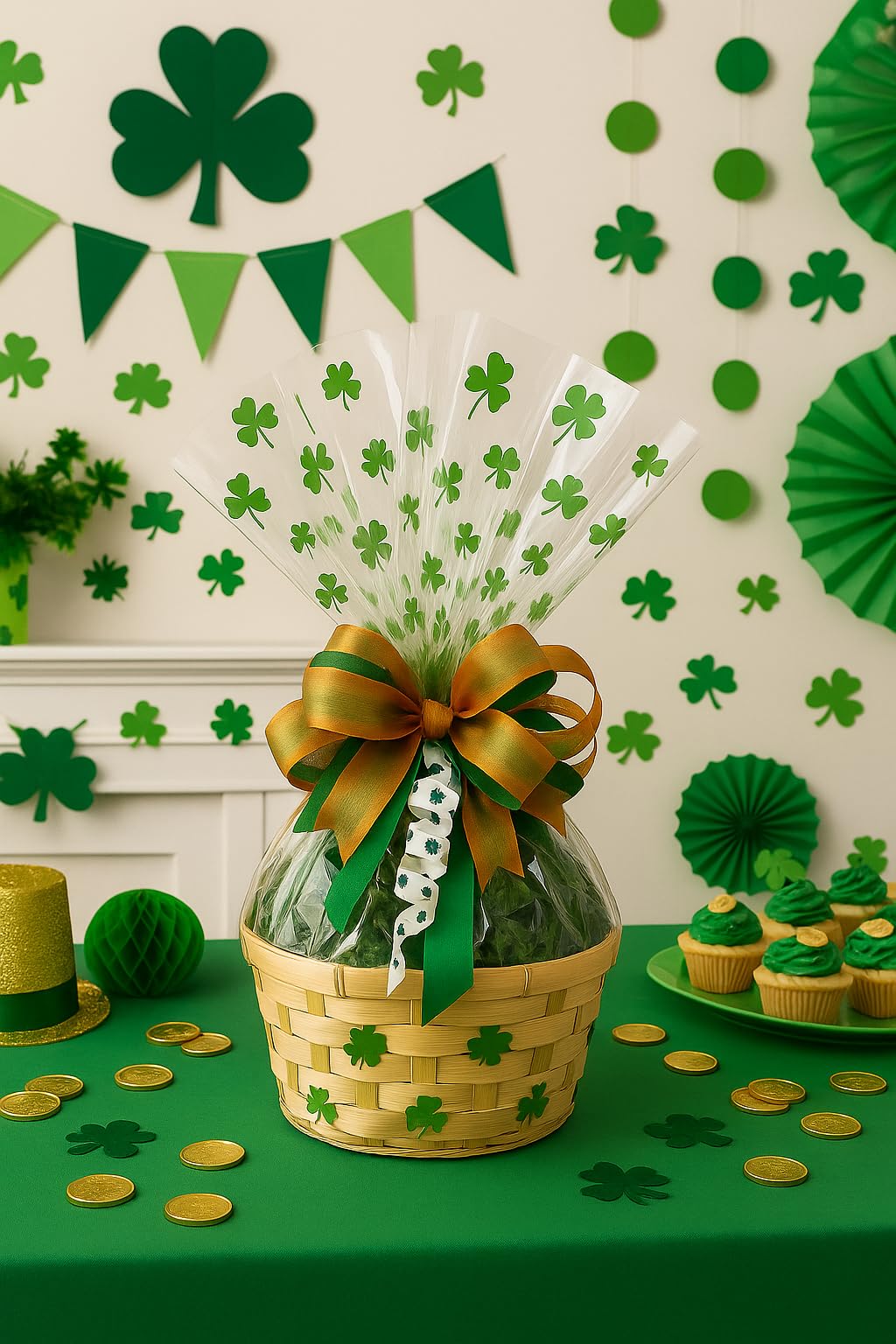 St. Patrick’s Day Gift Basket with Chocolate, Candy & Snacks - 10 Inch Shamrock Wrapped Gift Basket - Irish Holiday Treats for Family, Friends