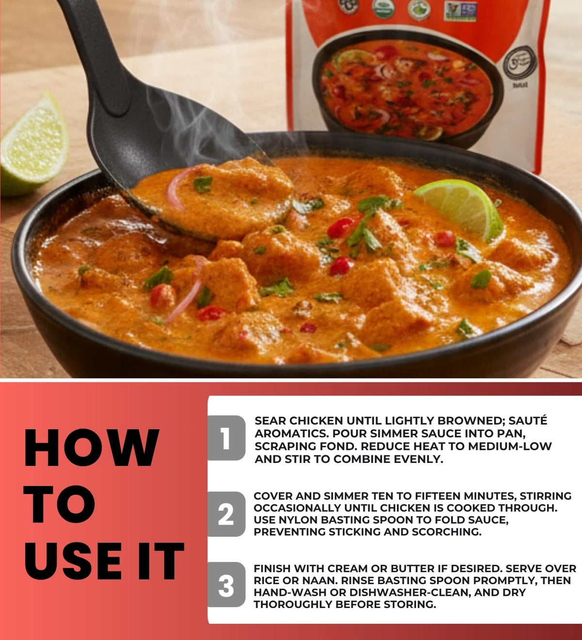 Sauce Simmer Butter Chicken, 10.58 OZ Bundle with Black Nylon Basting Spoon - Rich Tomato and Coconut Cream Blend with Mild Spices, Great for Easy