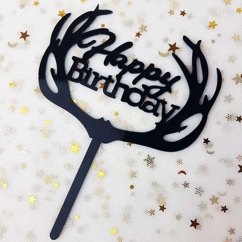 Antlers Happy Birthday Cake Topper Party Decorations (Black Acrylic)