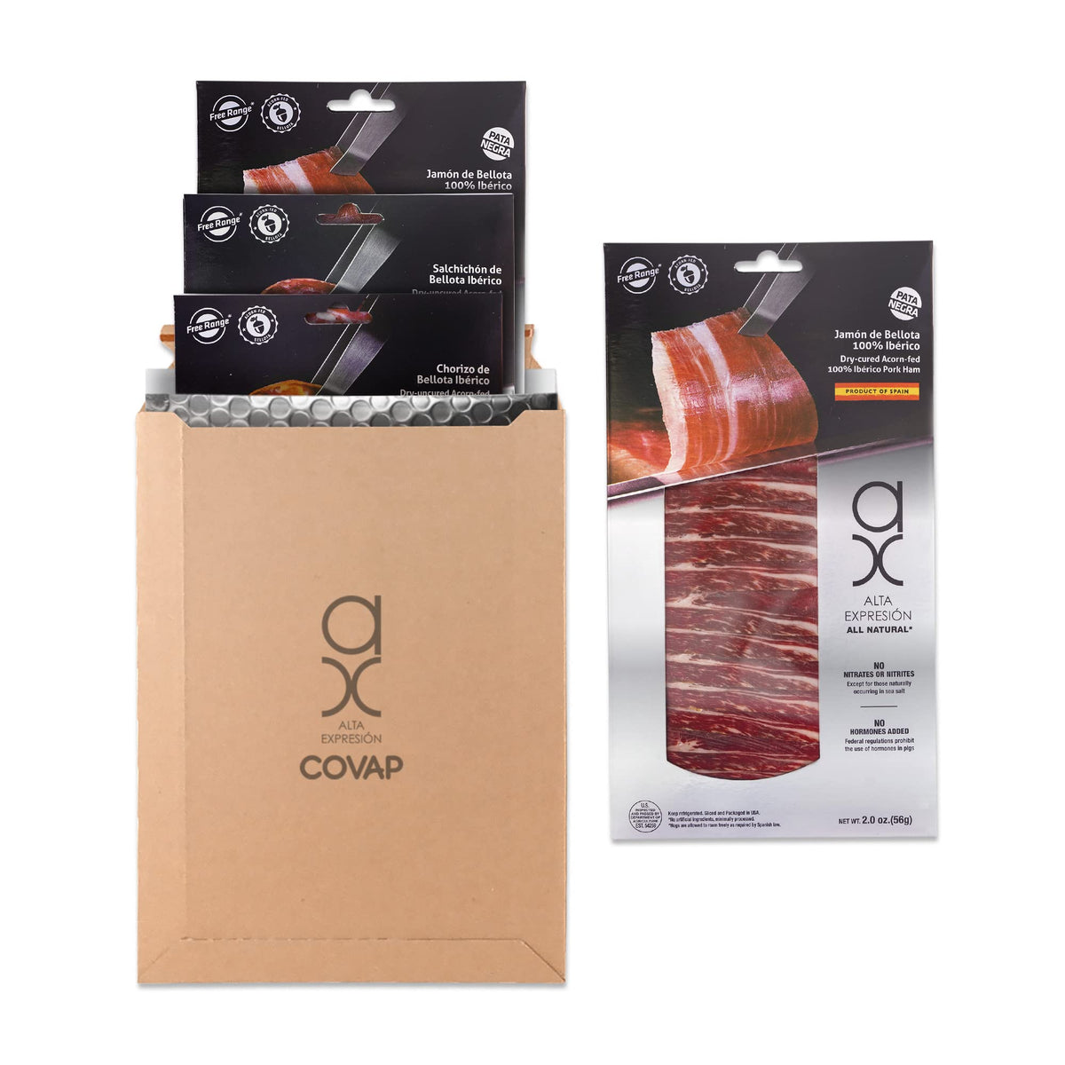 Pack Sampler Alta Expresión: All Natural Sliced Dry-uncured Acorn-fed Ibérico Ham (2x2oz), Chorizo (2oz) and Salami (2oz) AX by Covap