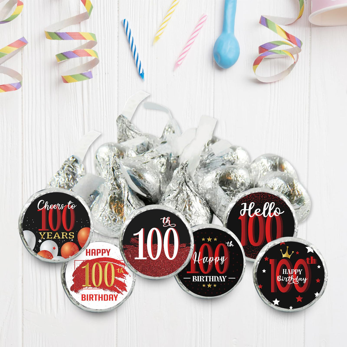 Happy 100th Birthday Party Favor Labels Chocolate Kisses Candy Stickers - 100 Years Old Birthday Round Candy Sticker Party Favors - Black and Red