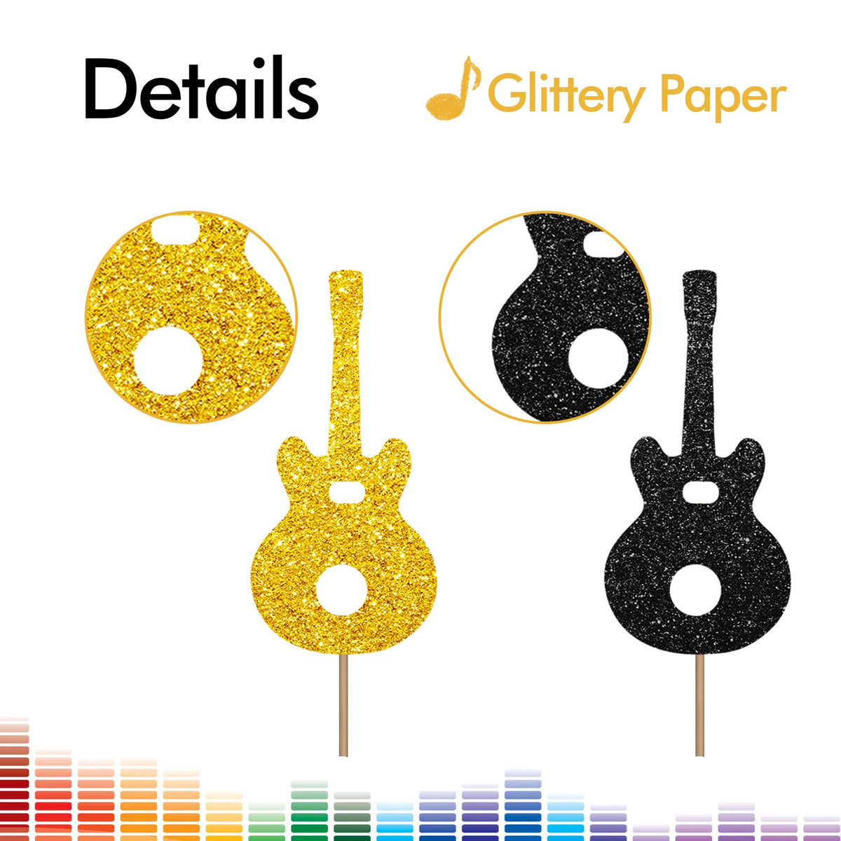 24PCS Guitar Cupcake Toppers, Rock Cupcake Topper for Boys, Music Notes Food Picks, Guitar Player Birthday Party Decoration - Black & Gold Glitter