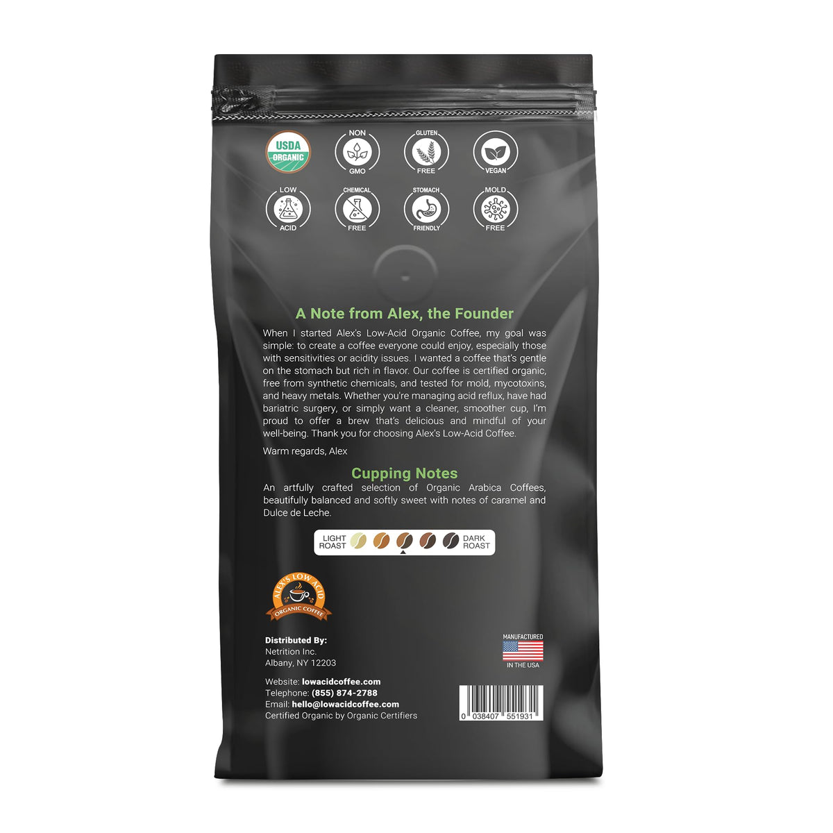 Alex's Low Acid Organic Coffee 12oz Bag - Rise and Shine Fresh Ground (Pack of 12)