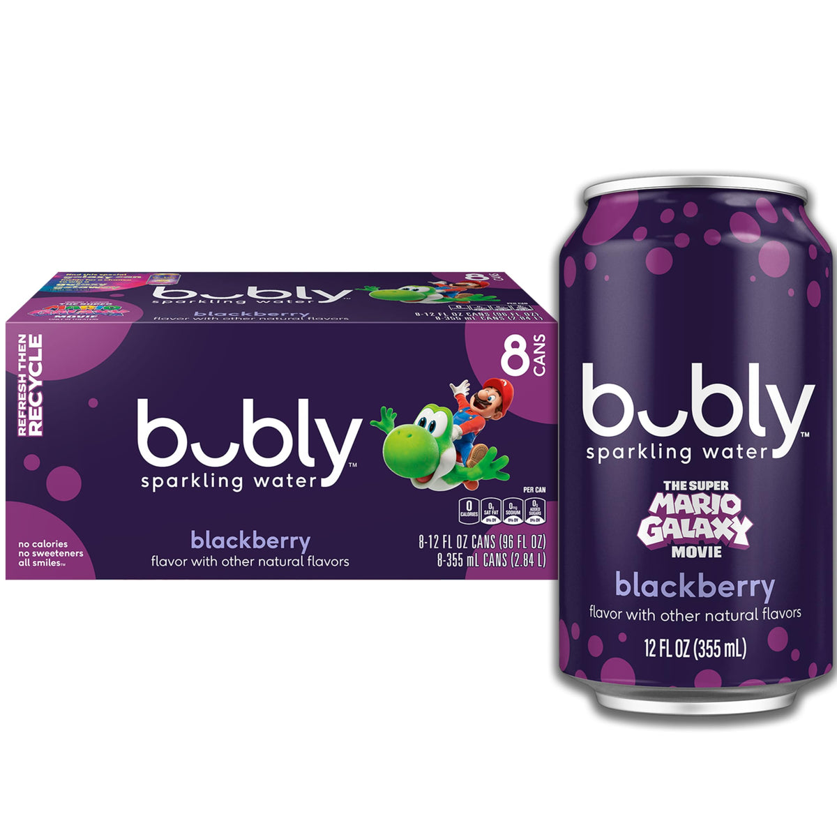 bubly Sparkling Water, The Super Mario Galaxy Movie Blackberry, Zero Sugar & Zero Calories, 12 Fl Oz Cans (Pack of 8), Packaging May Vary