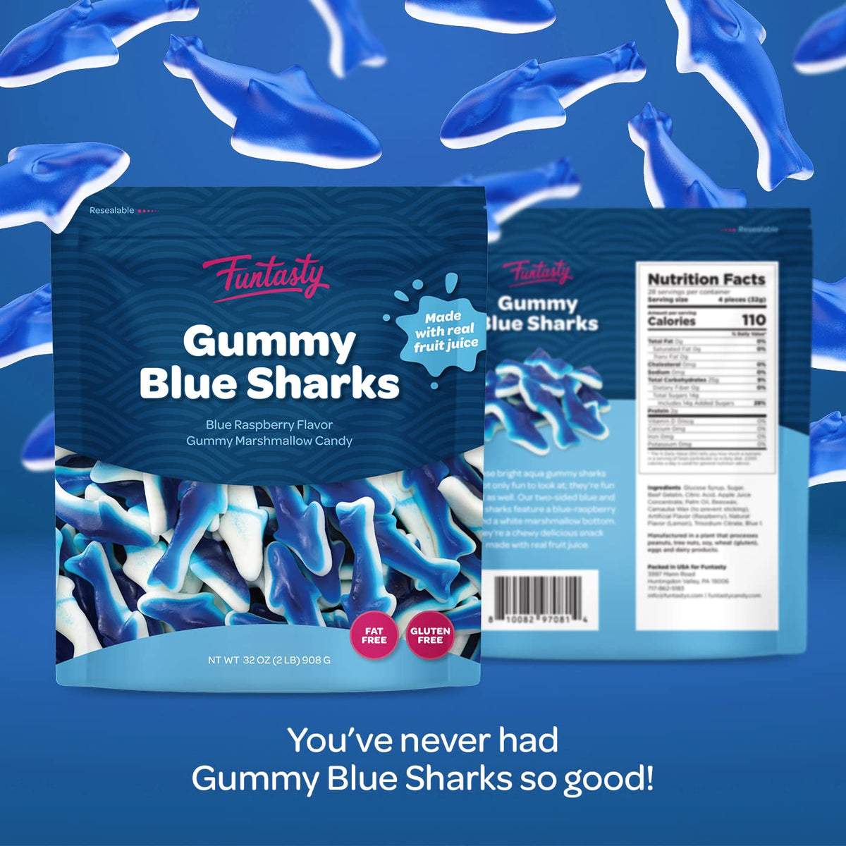 Blue Sharks Gummy Candy - 2 Pound Bulk Pack - Blue Raspberry Marshmallow Flavor