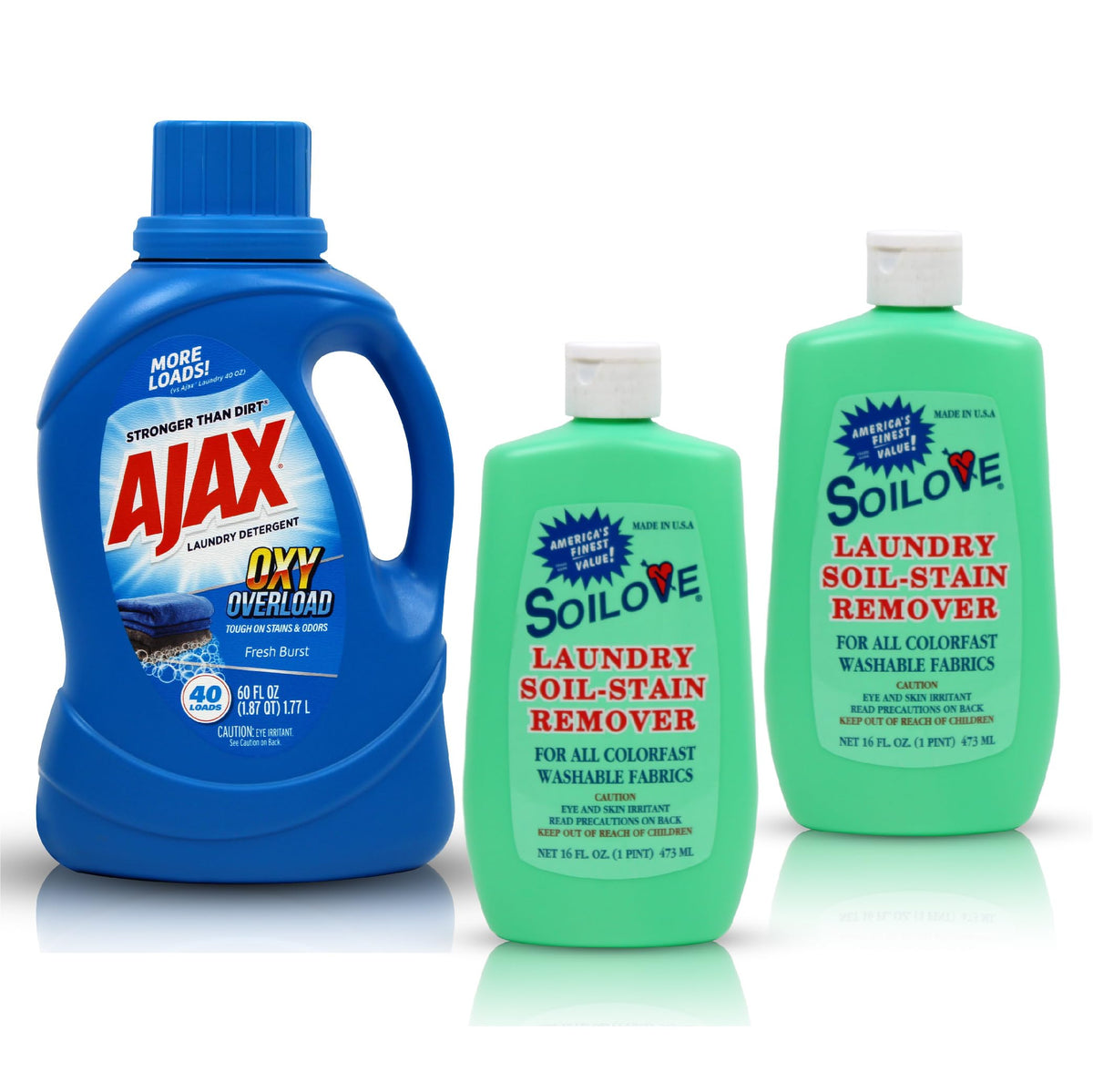 SOILOVE Stain Remover 16oz (2 Pack) + AJAX Oxy Overload Laundry Detergent 60oz (1 Pack) - Ultimate Laundry Solution for Tough Stains & Freshly Cleaned