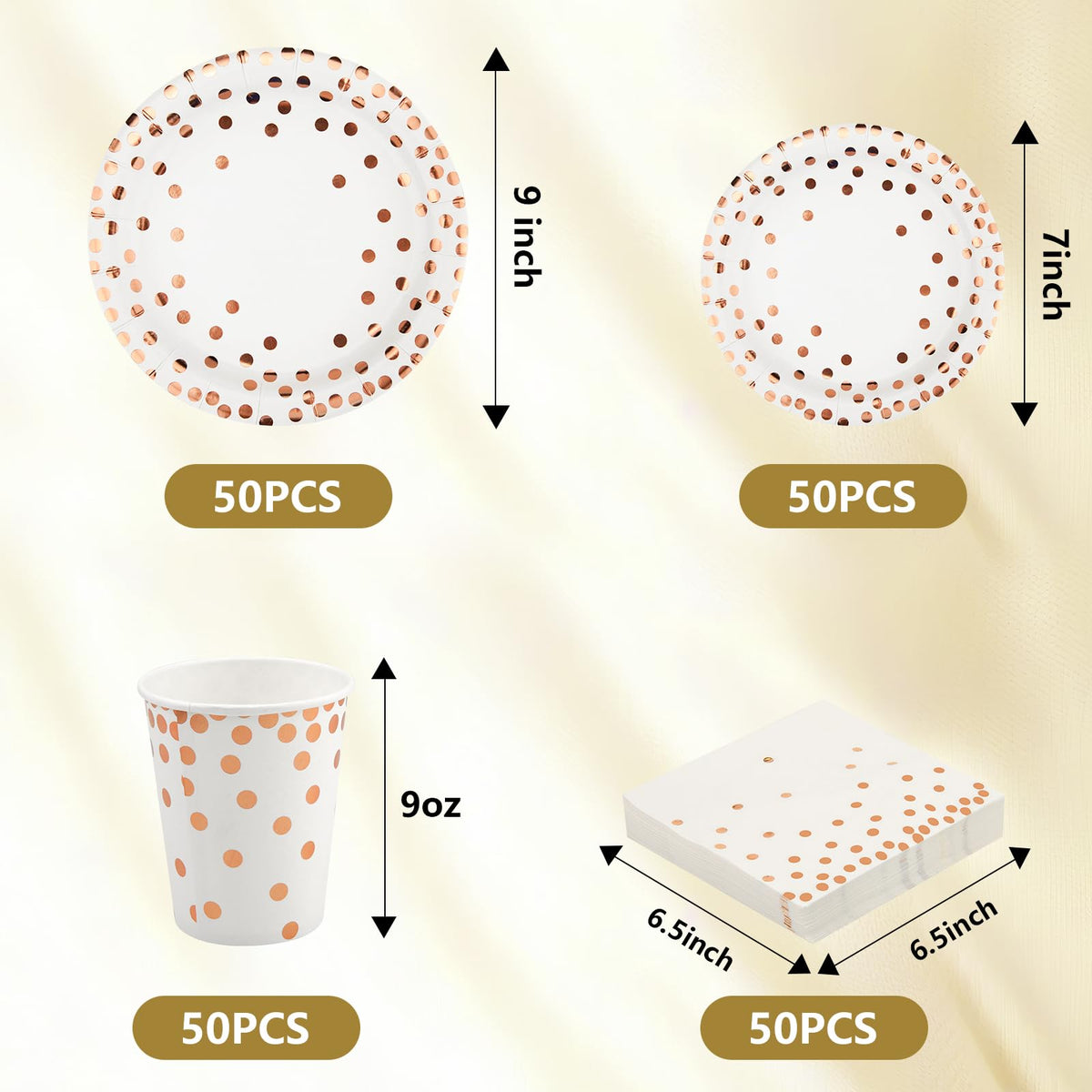 hapray 201PCS Disposable Paper Plates Rose Gold Party Supplies, Polka Dots Birthday and Baptism Decorations, include Cups, Napkins, Plastic