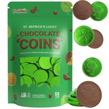 Fruidles Saint Patrick's Day 50 Clover Shamrock Leprechaun Chocolate Green Coins, Premium Belgian Nut-Free Milk Chocolate, Kosher, (50 Pack)