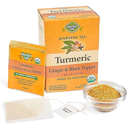 Herbal Cup Ayurveda Turmeric Tea, Organic Ginger & Black Pepper, No Caffeine Herbal Supplement (16 Count, Pack of 3)