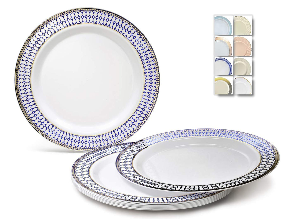 " OCCASIONS " 120 Plates Pack, Heavyweight Disposable Wedding Party Plastic Plates (10.5'' Dinner Plate, Odyssey in White/Blue & Gold)