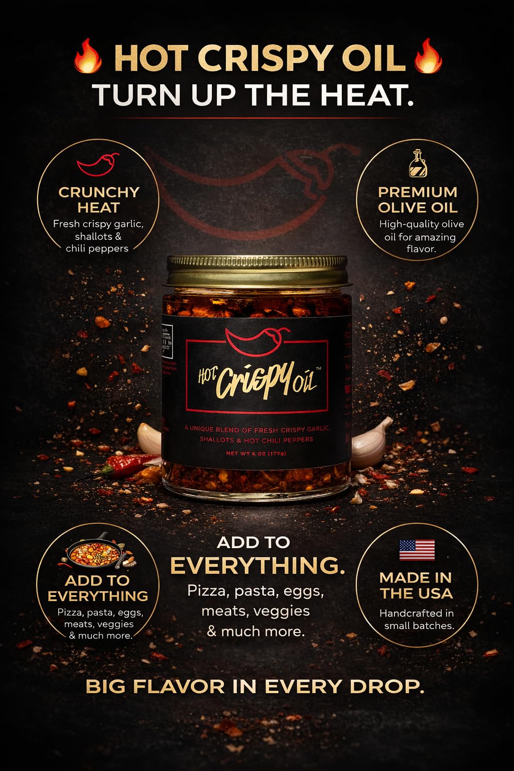 Hot Crispy Oil - Spicy Chili Crisp Blend of Olive Oil, Fresh Crispy Garlic, Shallots & Hot Chili Peppers - Designed for Pizza, Pasta, Eggs, Bread