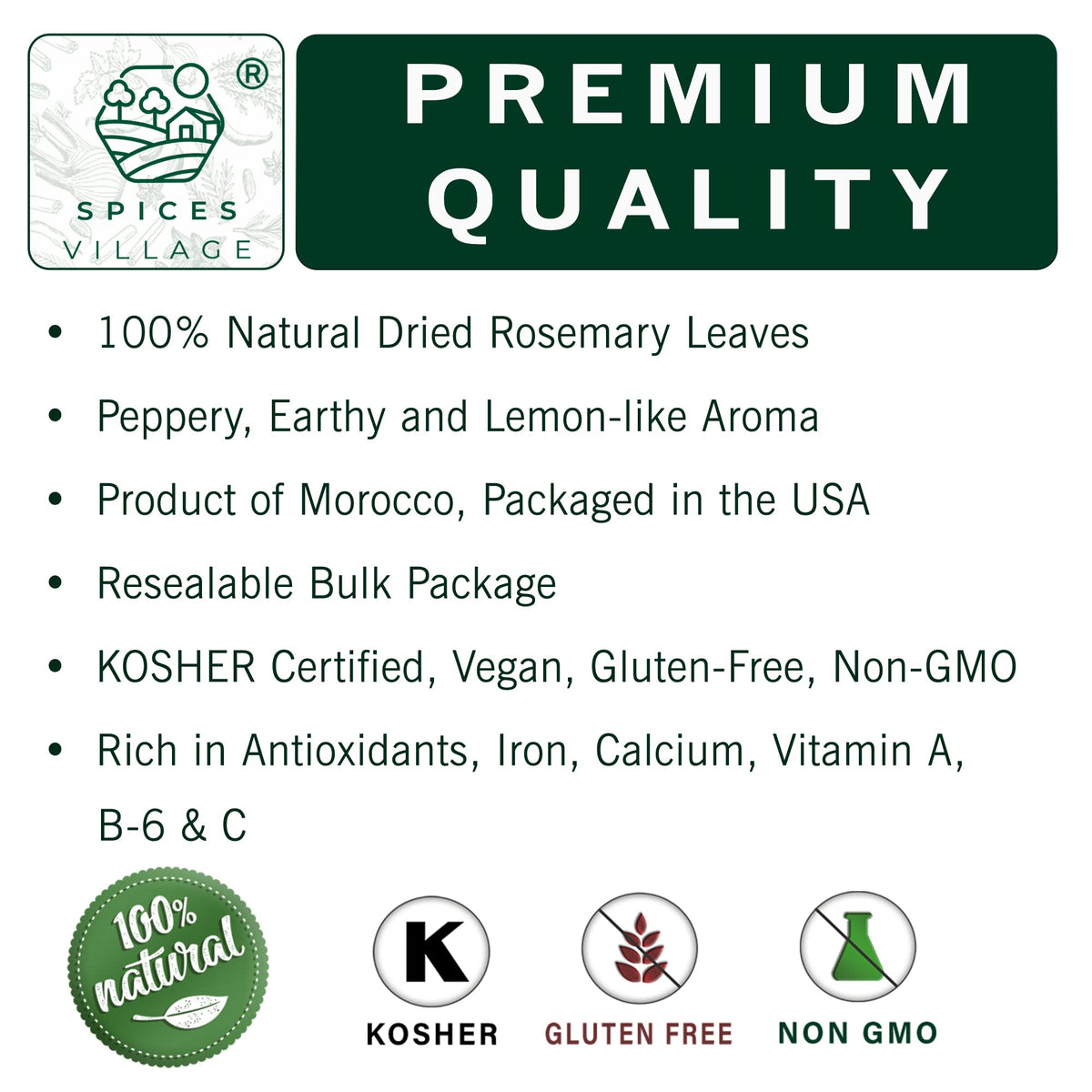 SPICES VILLAGE Rosemary Dried, Rosemary Herbs Dried, Cut & Sifted Pure Mediterranean Seasoning - Kosher, Gluten Free, Vegan, Non GMO, Resealable Bulk