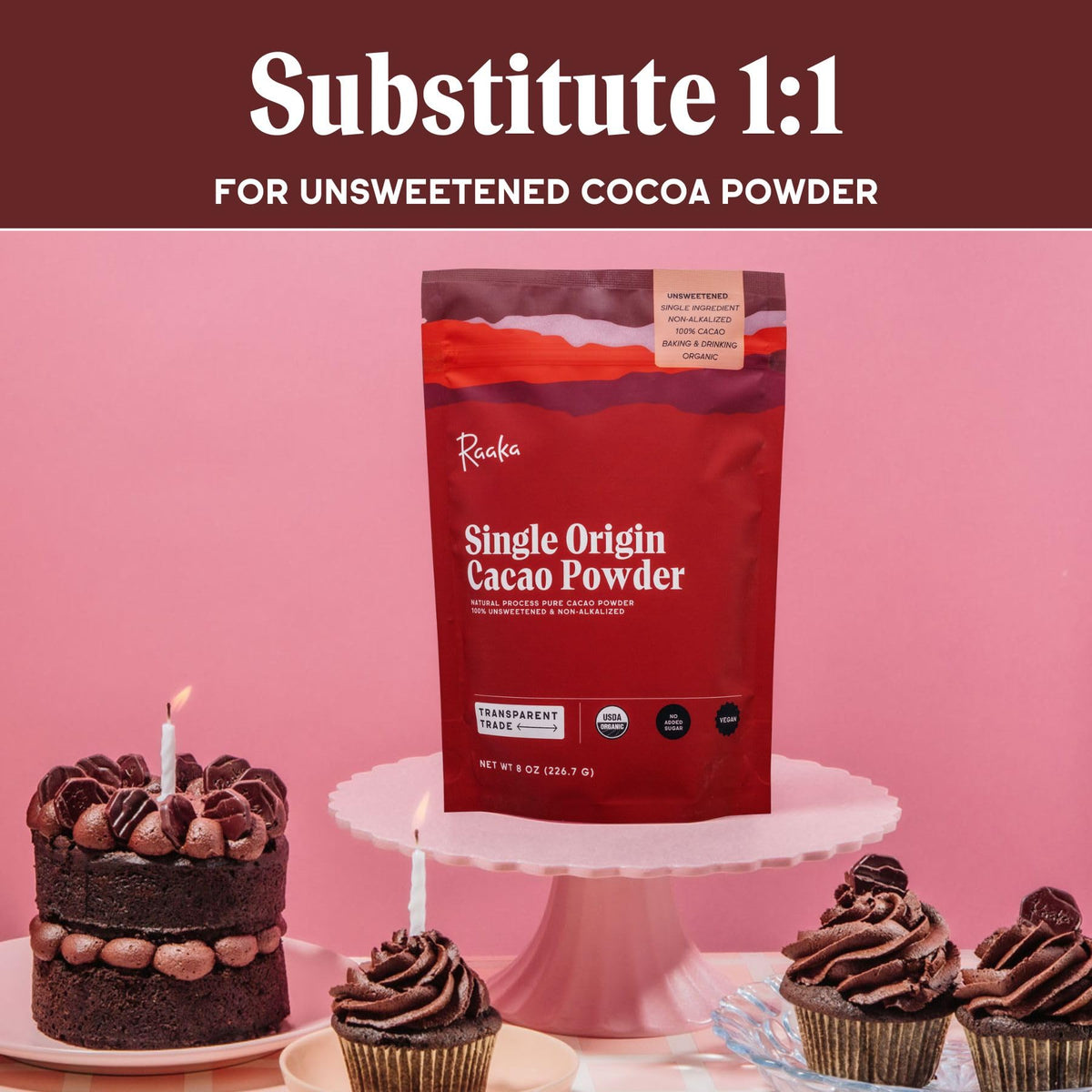 Raaka Chocolate Organic Cacao Powder - Unsweetened, Non-Alkalized, Perfect for Baking, Substitute for Cocoa Powder - Gluten-Free, Soy-Free, Sugar-Free, Allergen-Friendly - 8oz Resealable Bag