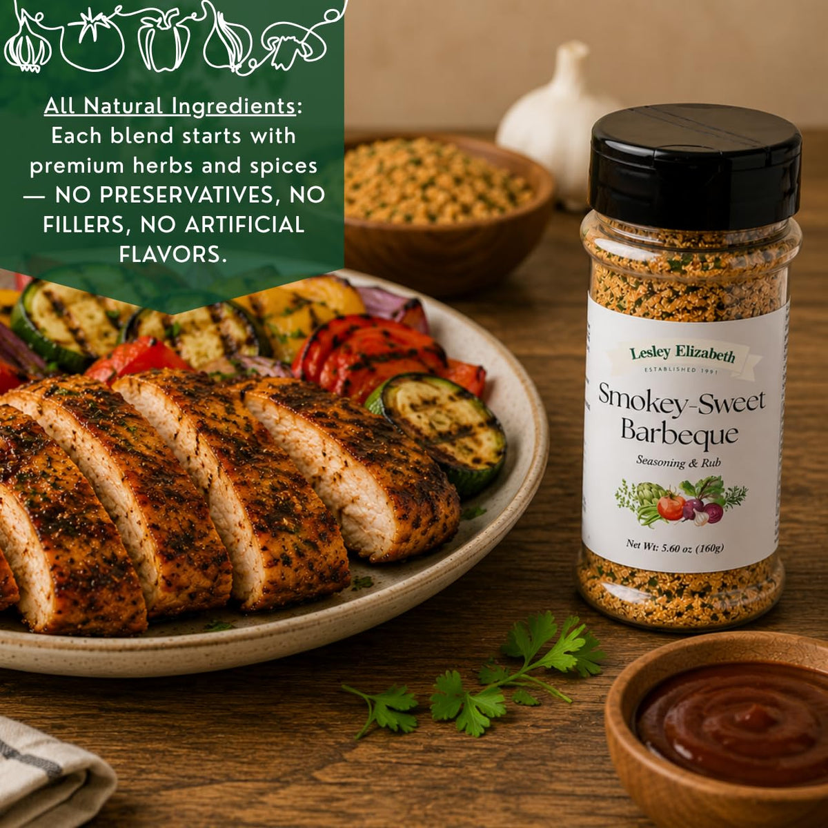 Lesley Elizabeth Smokey-Sweet BBQ Seasoning - Barbeque Rub & Sweet Smoky Spice Blend | All-Purpose Grill & Cooking Rub for Chicken, Beef, Pork