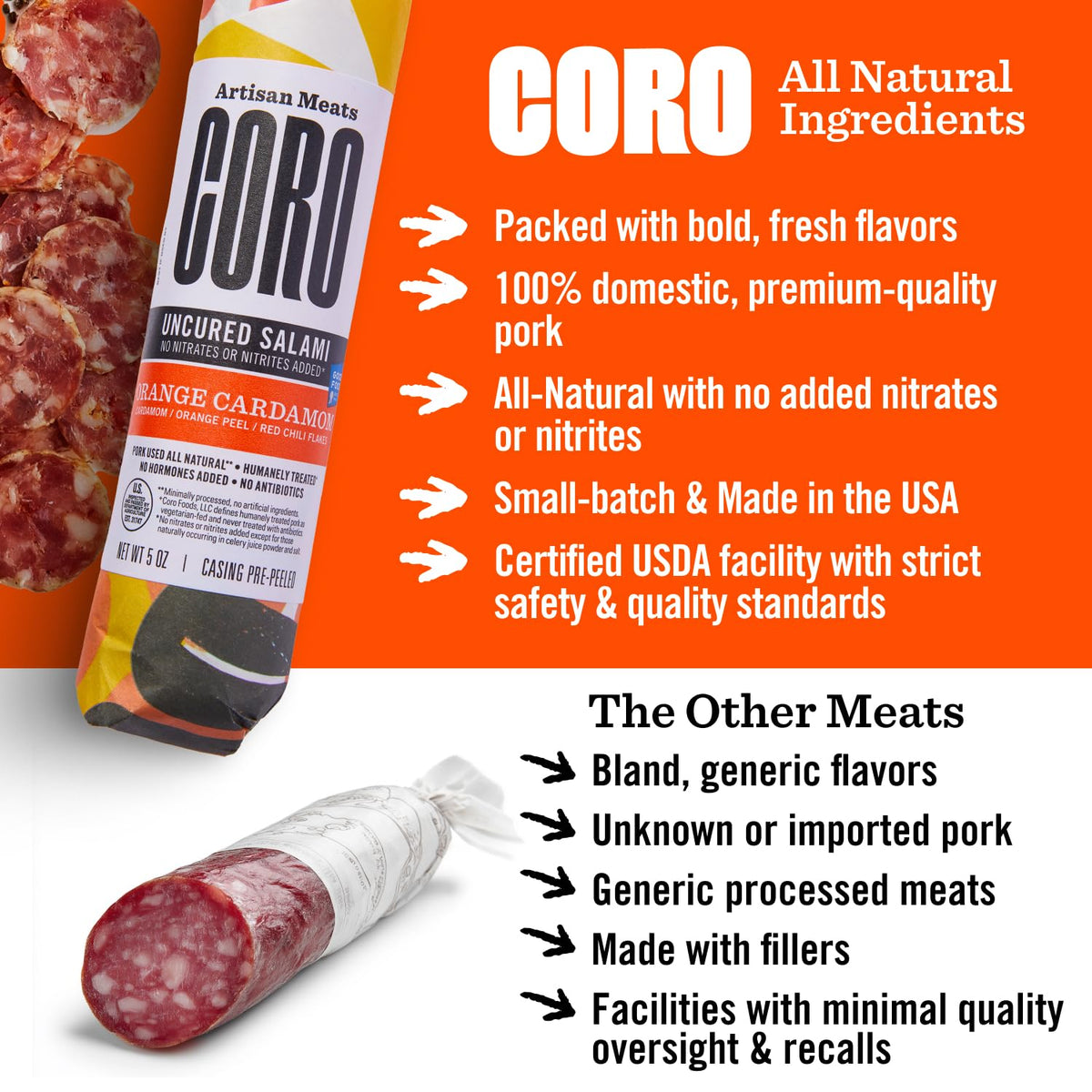 Coro Cardamom & Orange Uncured Salami Stick - 5oz | Sweet Citrus & Spice