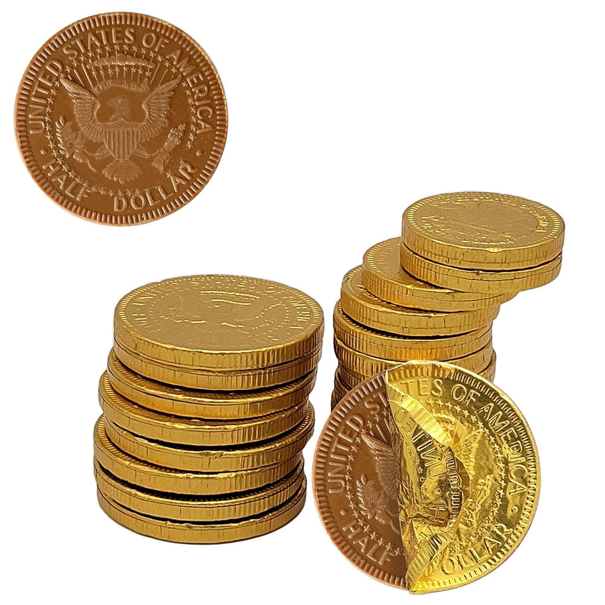 25 Edible Chocolate Coins, Gold Half Dollar Milk Chocolate, Made with Premium Belgian ingredients, Nut Free, Non-GMO, Certified Kosher Dairy 25-Pack