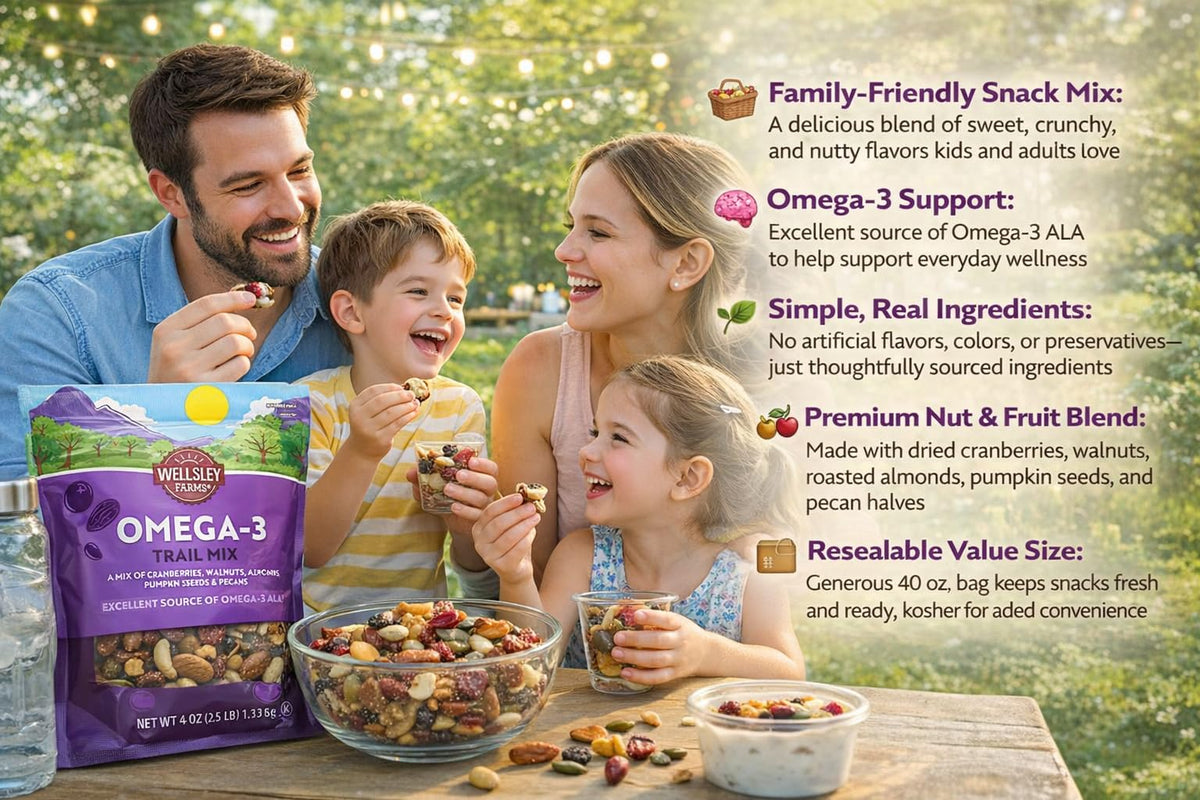 Wellsley Farms Omega 3 Deluxe Mix -Cranberries, Walnuts, Almonds, Pumpkin Seeds, Pecans. Healthy Heart Trail Mix, Power Up, Gluten Free, Cholesterol