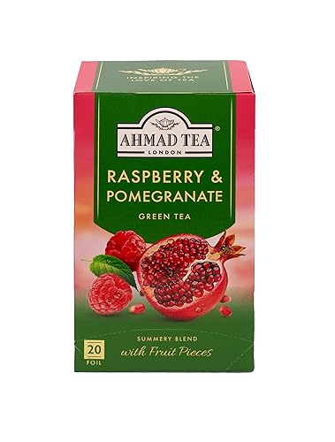Ahmad Tea Foil-Enveloped Teabags Green Tea, Raspberry & Pomegranate, 20Count (Pack Of 6)