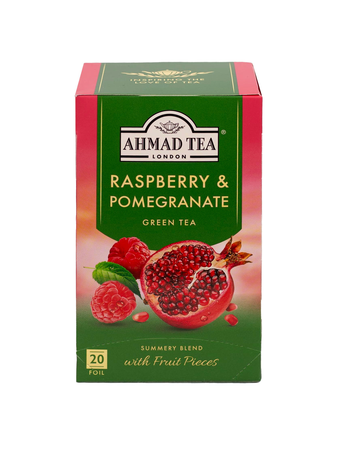 Ahmad Tea Foil-Enveloped Teabags Green Tea, Raspberry & Pomegranate, 20Count (Pack Of 6)