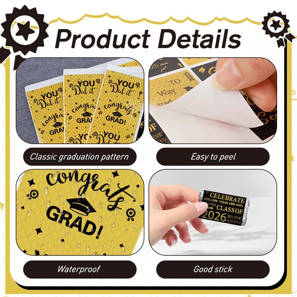 Graduation Party Decorations, 2026 Graduation Candy Stickers, 120 PCS Black Gold Congrats Grad Mini Candy Wrapper Class of 2026 Bar Label Stickers