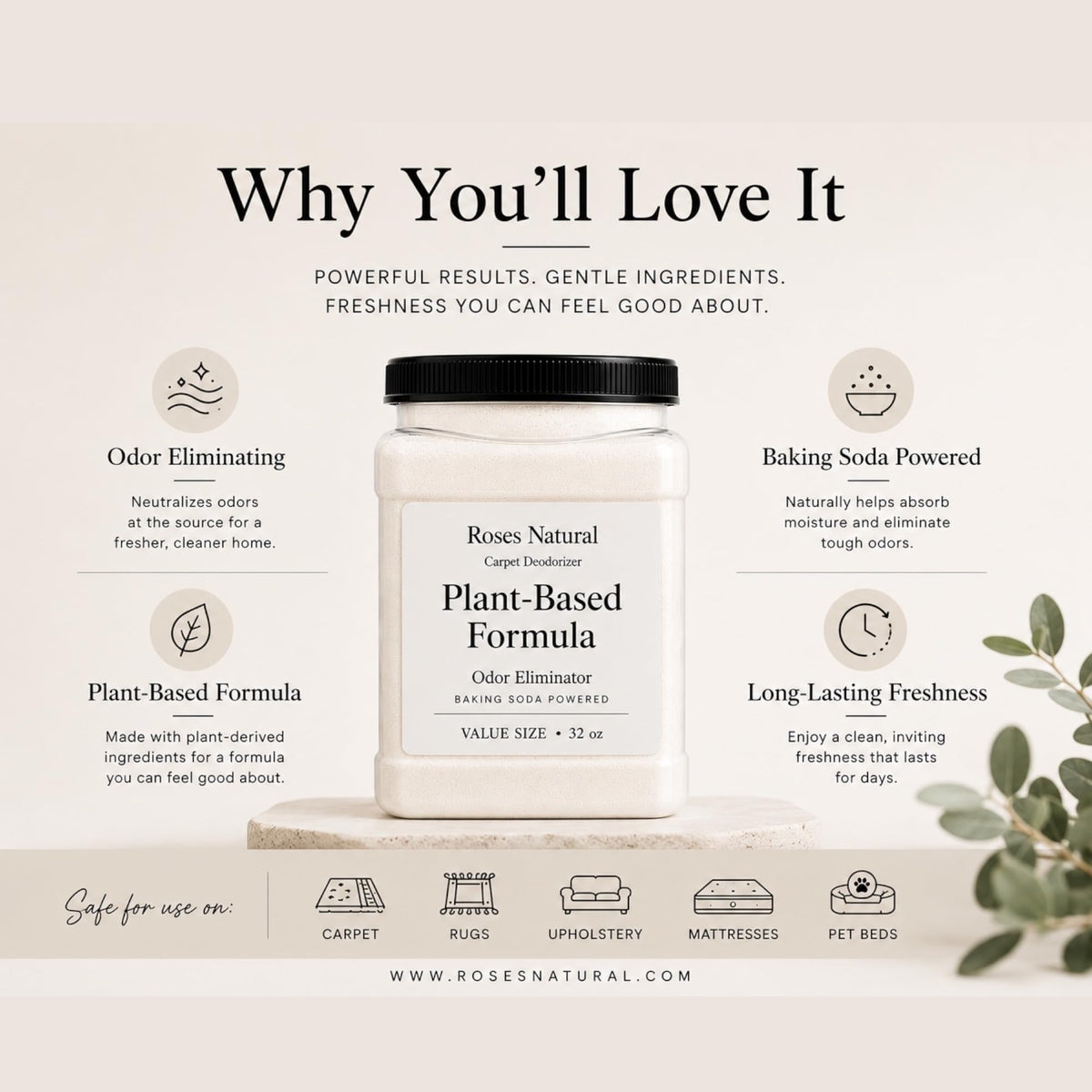 Roses Natural Carpet Deodorizer Powder - 32 oz Value Size | Plant-Based Baking Soda Formula | Odor Eliminator for Carpets, Rugs, Upholstery & Pet Beds