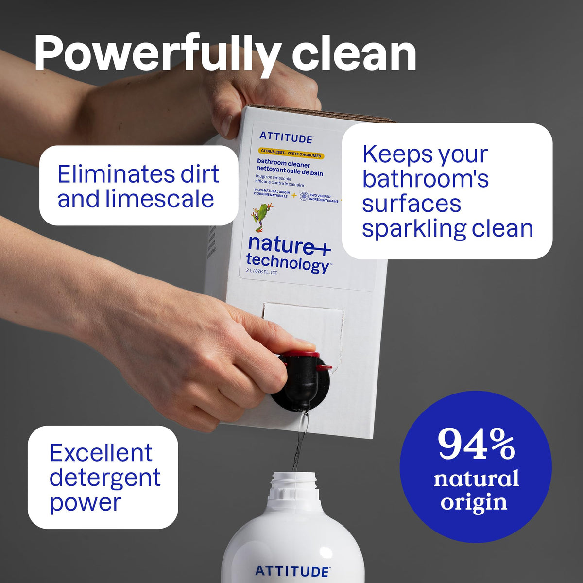 ATTITUDE Bathroom Cleaner Spray Refill, EWG Verified, Plant-Based & Vegan, Safe for Bathroom Surfaces, Tiles, Tubs, Shower Walls, and Grout, Citrus