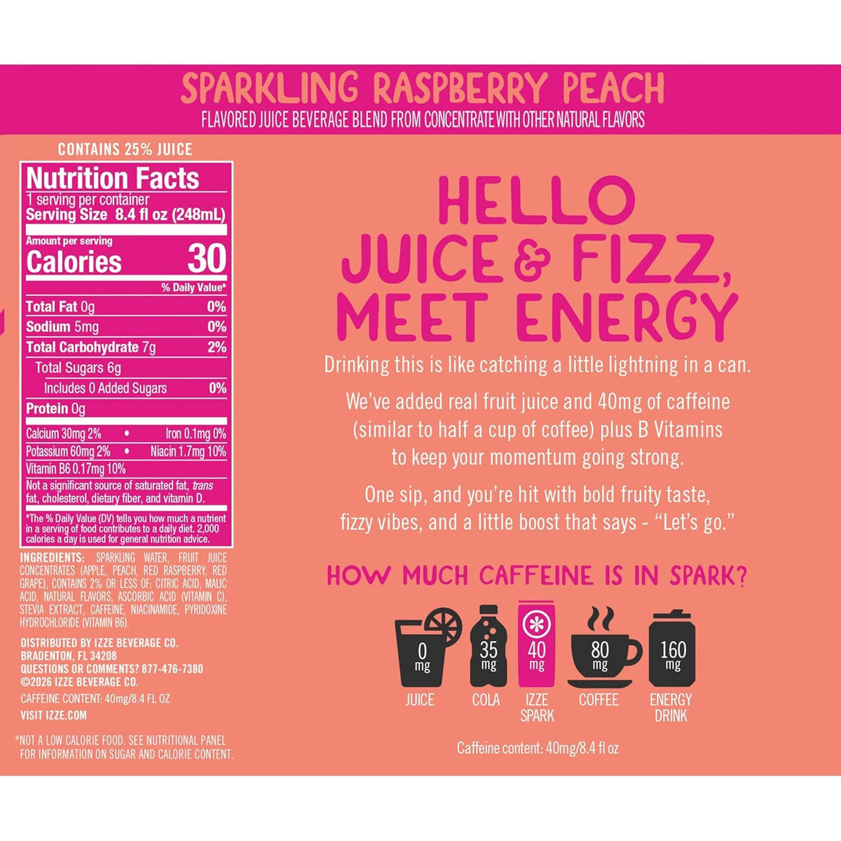IZZE Spark Raspberry Peach with Caffeine, 24-pack, 8.4 fl oz cans